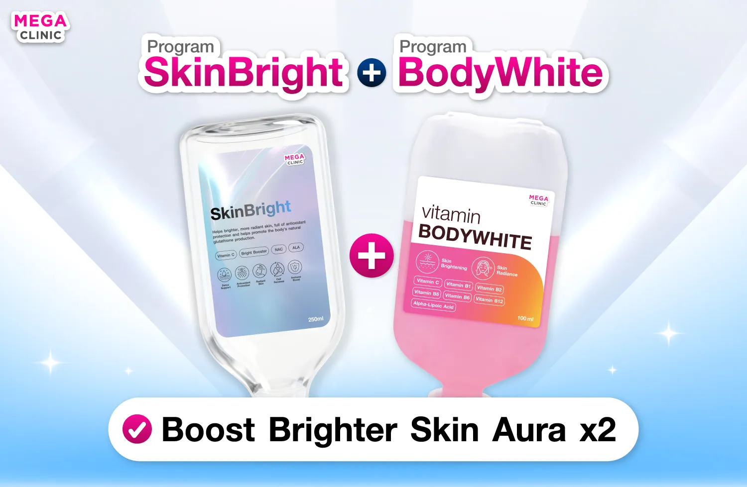 วิตามินผิวที่ MEGA CLINIC SkinBright + BodyWhite บูสต์ผิวสว่าง Aura x 2